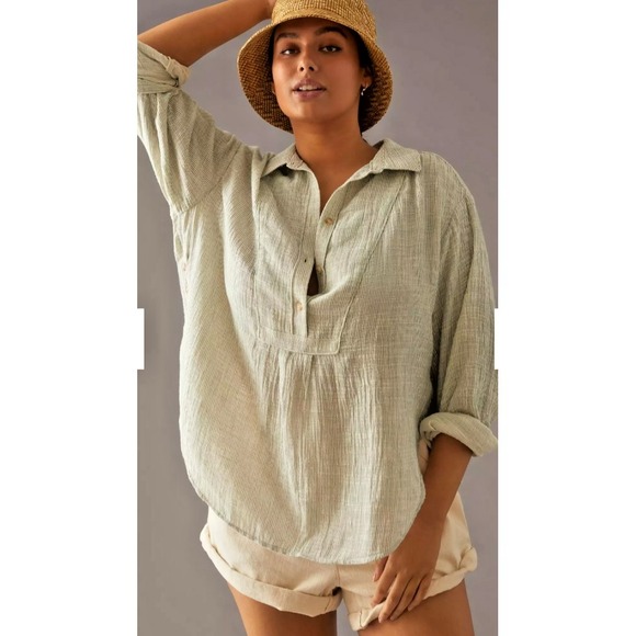 Anthropologie Vneck Popover Womens XS Striped Long Sleeve Side Button Gray White - Picture 1 of 16